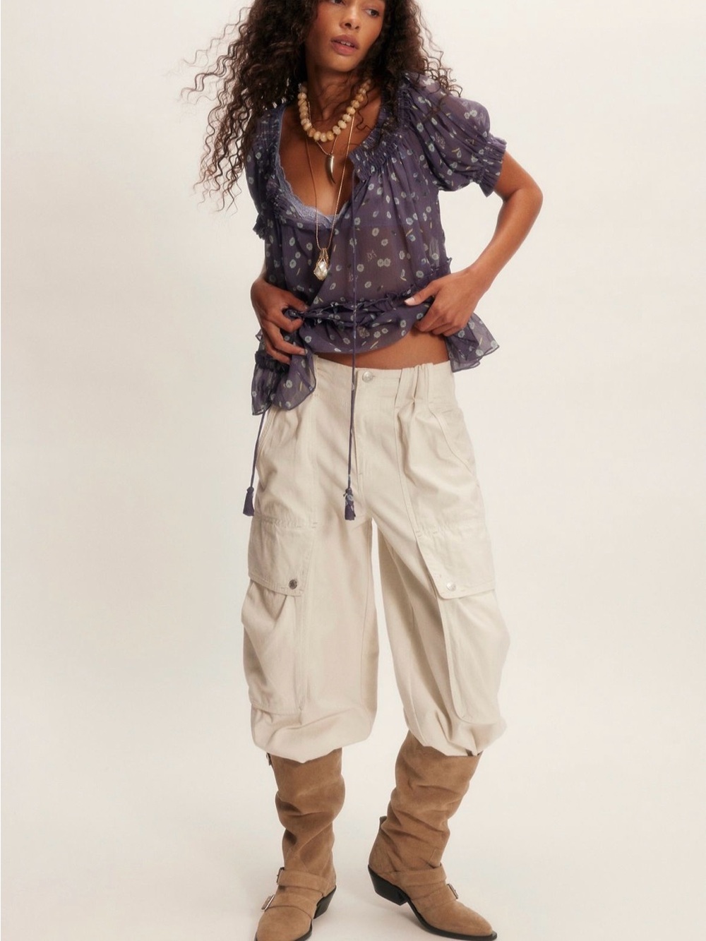 Free People Dusty Blue Floral Tiered two piece set- blouse and maxi skirt - Picture 8 of 9